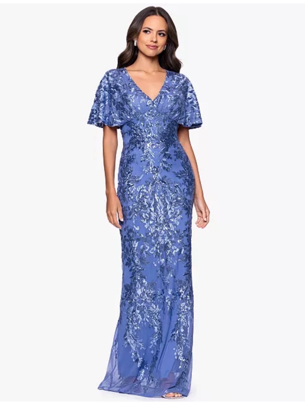 Betsy & Adam Elegant Blue Embroidered V-Neck Evening Gown